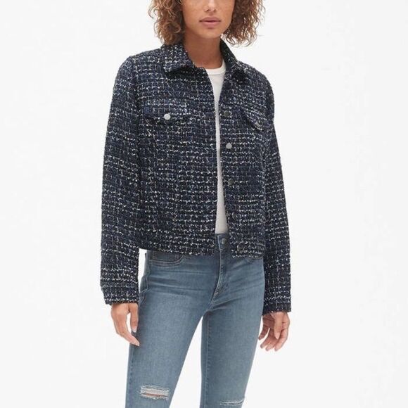Gap Navy Blue & Black Tweed Fully Lined Button-Up Icon Jacket - Picture 1 of 13